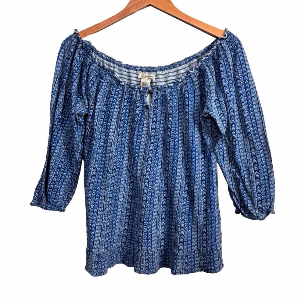 Lucky Brand Live in Love Cotton Knit Smocked Button Blouse 3/4 Scoop Neck M Blue